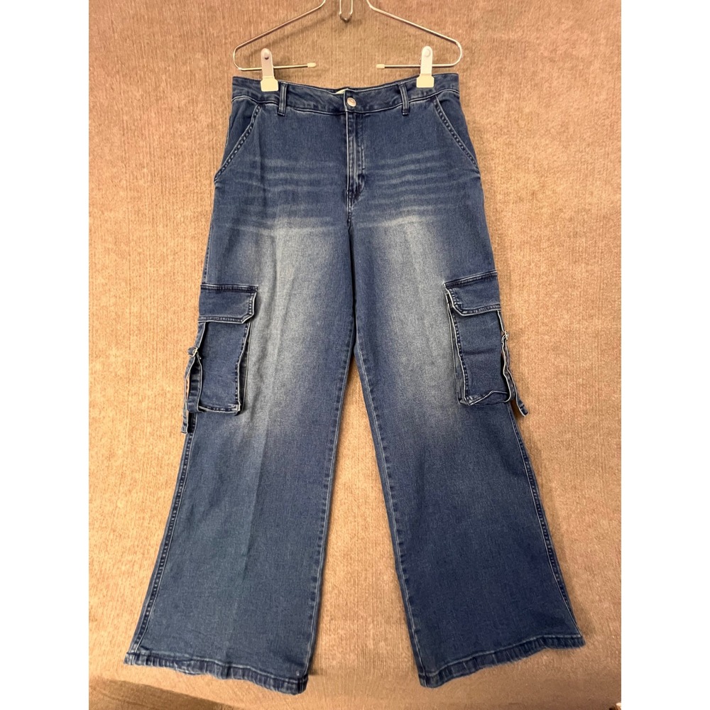 Love Cult Lg Denim Cargo Wide Leg Jeans Womens Large Blue Casual Utility Baggy